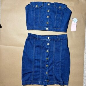 NWT Blashe Denim 2 piece Blue Button-Front mini Skirt & top Sz large